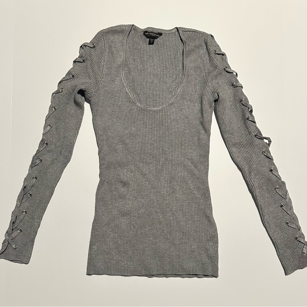GUESS Gray Scoop Neck Lace Up Sleeve Sweater sz XS